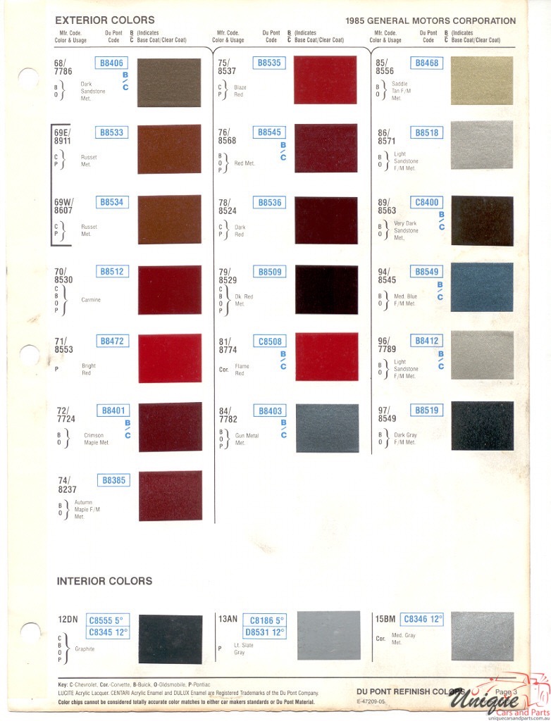 1985 General Motors Paint Charts DuPont 3